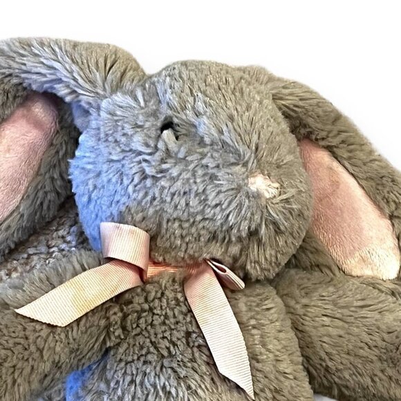Pottery Barn Kids 11” Bunny Rabbit Lovey Plush Floppy Ears Pink Bow Taupe Gray - Picture 2 of 4